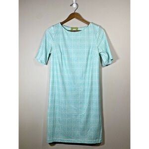 Elizabeth McKay Jenna Dress Aqua White Geometric Box‎ Print Short Sleeve Sheath